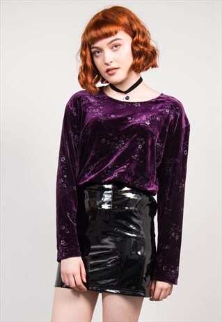 VINTAGE 90'S PURPLE FLOWER PATTERN GRUNGE VELVET TOP