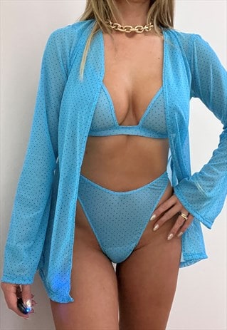 Triangle Bra and Thong with Robe Shirt in Blue Dot Mesh