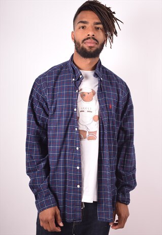 RALPH LAUREN MENS VINTAGE SHIRT XL NAVY BLUE CHECK 90S