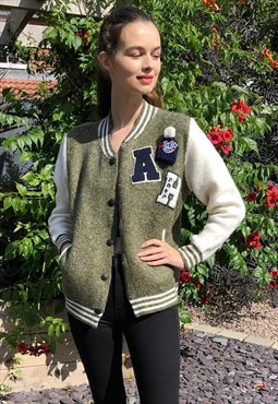 Green Knitted Bomber Jacket with Letter Patch Design