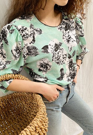 VINTAGE 80S LUXE ROSE PRINT SATIN ASSYMETRIC BLOUSE TOP