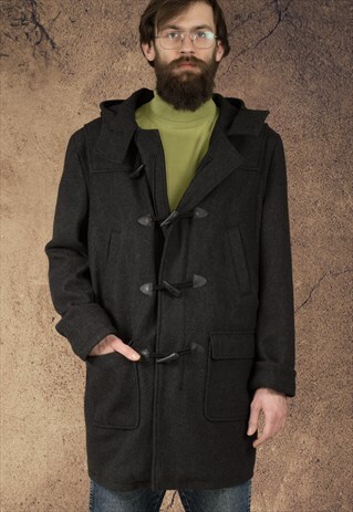 VINTAGE MENS CLASSIC BLACK, HOODED DUFFLE COAT