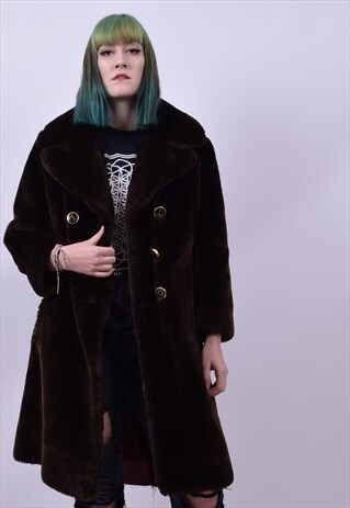 VINTAGE 70'S CHOCOLATE BROWN FAUX FUR COAT SIZE MEDIUM