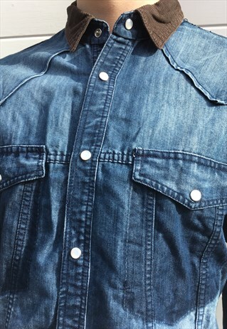 MENS VINTAGE STYLE DENIM SHIRT BROWN CORDUROY COLLAR TOP