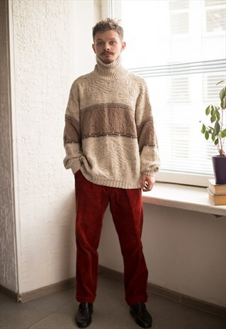 VINTAGE 90'S CREAM/BROWN KNITTED TURTLE NECK JUMPER