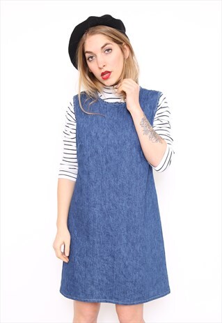 VINTAGE 90S BLUE DENIM COTTON PINAFORE DRESS