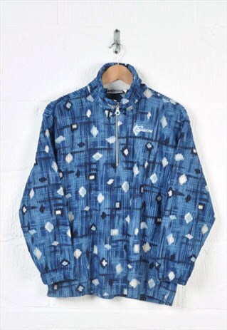 VINTAGE DIADORA FLEECE 1/4 ZIP RETRO PATTERN BLUE SMALL