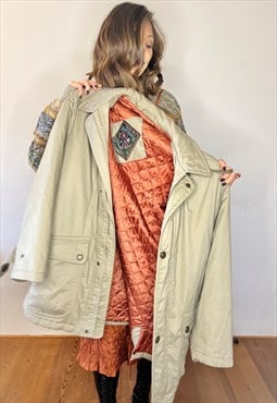 1970's vintage oversize beige utility coat with coral lining