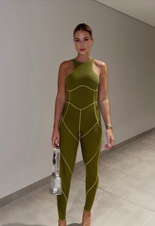 RACER UNITARD WITH CONTRAST STITCH IN GREEN