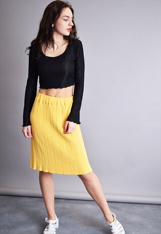 80'S RETRO YELLOW CLASSY MINIMALIST KNITTED MIDI MOM'S SKIRT
