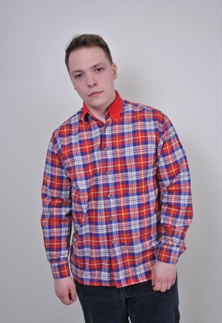VINTAGE MENS PLAID SHIRT, RETRO CORDUROY COLLAR CHECK SHIRT