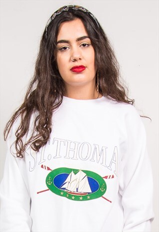 VINTAGE 90'S WHITE ST THOMAS YACHT PRINT SWEATSHIRT