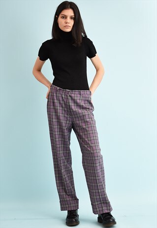 90'S RETRO REGULAR WAIST TARTAN CHECKED TROUSERS