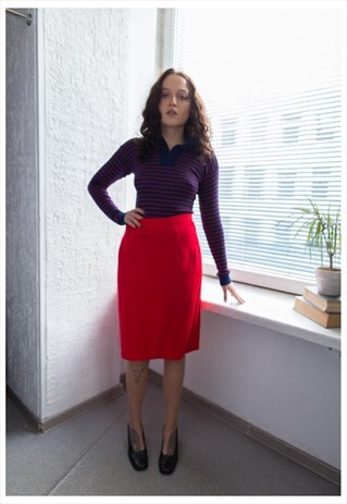 VINTAGE 70'S BRIGHT RED HIGH WAISTED MIDI SKIRT