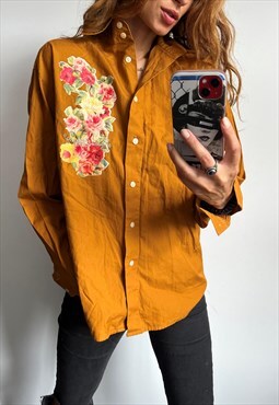 Mustard Novelty 80s Button Up Long Sleeve Shirt Blouse L