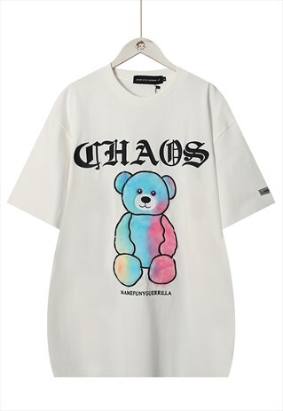 FLEECE TEDDY TIE-DYE APPLIQUE TEE BEAR CHAOS SLOGAN T-SHIRT