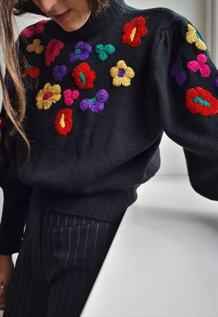 EMBROIDERED MOCKNECK SWEATER WITH PUFF SLEEVES
