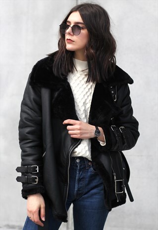 BELTED FAUX FUR AVIATOR JACKET