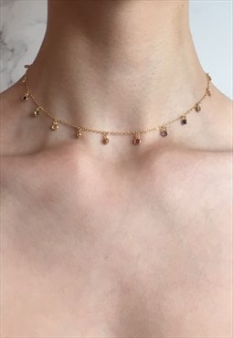 Rori: Dainty Gold Drop Rainbow Gemstone Choker Necklace