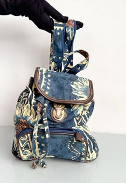 Vintage Y2K tiny nature gal backpack in blue & gold