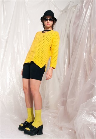 VINTAGE KNIT JUMPER 90S YELLOW OPENWORK CROCHETED SWEATER