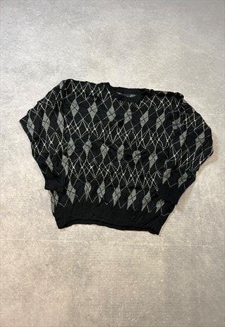 VINTAGE KNITTED JUMPER ARGYLE PATTERNED GRANDAD SWEATER