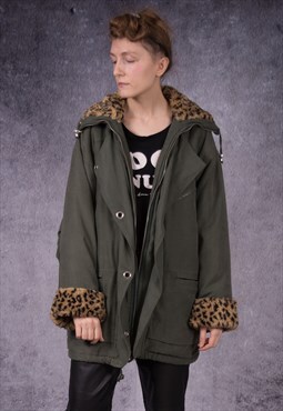 90s parka jacket in khaki color with animal pattern lining