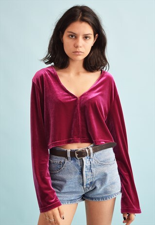 90'S RETRO VELVET GRUNGE CROP TOP BLOUSE