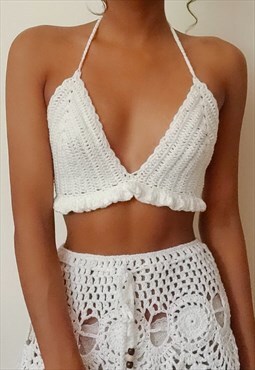 Rosina White Crochet halter neck tie back crop top 