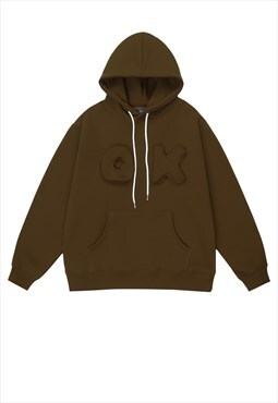 Fleece patch hoodie OK slogan pullover grunge jumper brown