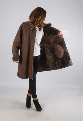 VINTAGE SHEEPSKIN LEATHER SHEARLING COAT SHORT UK 14 (CH4E)