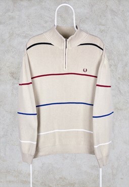 Vintage Fred Perry Sweatshirt 1/4 Zip Beige Striped Large