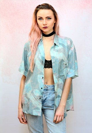 1990S VINTAGE PASTEL BLUE PATTERNED PRINT PURE SILK SHIRT