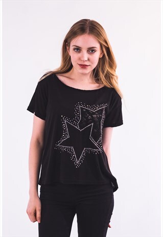 COTTON T SHIRT WITH EMBELLISHED STAR IN BLACK