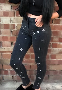 Charcoal Gem Embellished Raw Hem Skinny Jeans