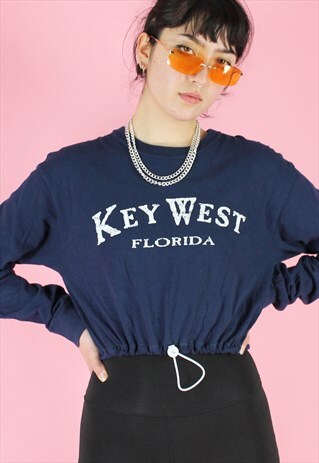 REWORKED CROP TOP IN BLUE WITH FLORIDA PRINT LONG SLEEVED