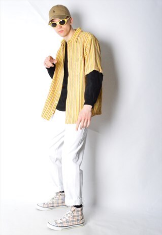 VINTAGE 90S YELLOW STRIOED SHORT SLEEVE SHIRT