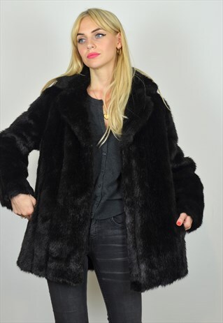 VINTAGE 70S BLACK FAUX FUR JACKET / COAT