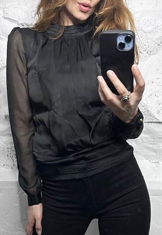 SATIN BLACK BLOUSE WITH SHEER SLEEVES - XS