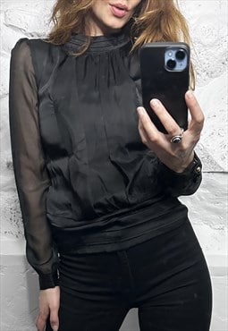 Satin Black Blouse With Sheer Sleeves - XS