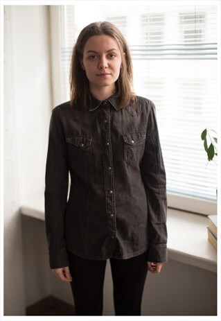 VINTAGE 90'S DARK GREY BUTTON UP DENIM SHIRT