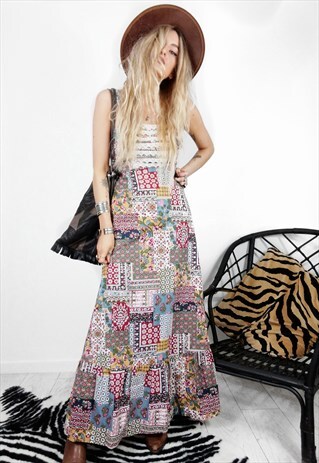 VINTAGE 70S PATCHWORK COTTON FLORAL MAXI DRESS BOHO HIPPIE 8