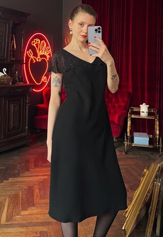 Black Chiffon Midi dress with Embroidered sheer collar
