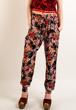 Floral Print Loose Fit Cotton Trousers in black