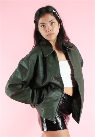 VINTAGE 90S Y2K DARK GREEN LEATHER FESTIVAL BOMBER JACKET