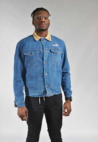 VINTAGE WRANGLER DARK BLUE LINED & EMBROIDERED DENIM JACKET