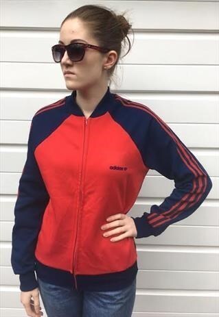 WOMENS VINTAGE 80S ADIDAS JACKET BLUE RED SPORTSWEAR ZIPPER