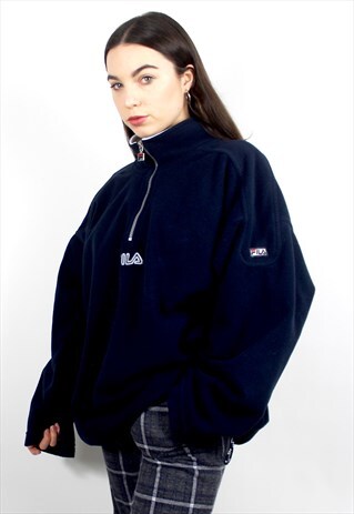 90'S RETRO NAVY OVERSIZED 1/4 ZIP FLEECE JACKET