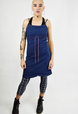 VINTAGE 90S STRAPPY DARK DENIM DRAWSTRING DRESS