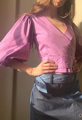 MAGENTA BALLOON PUFF SLEEVE CROPPED WRAP TOP